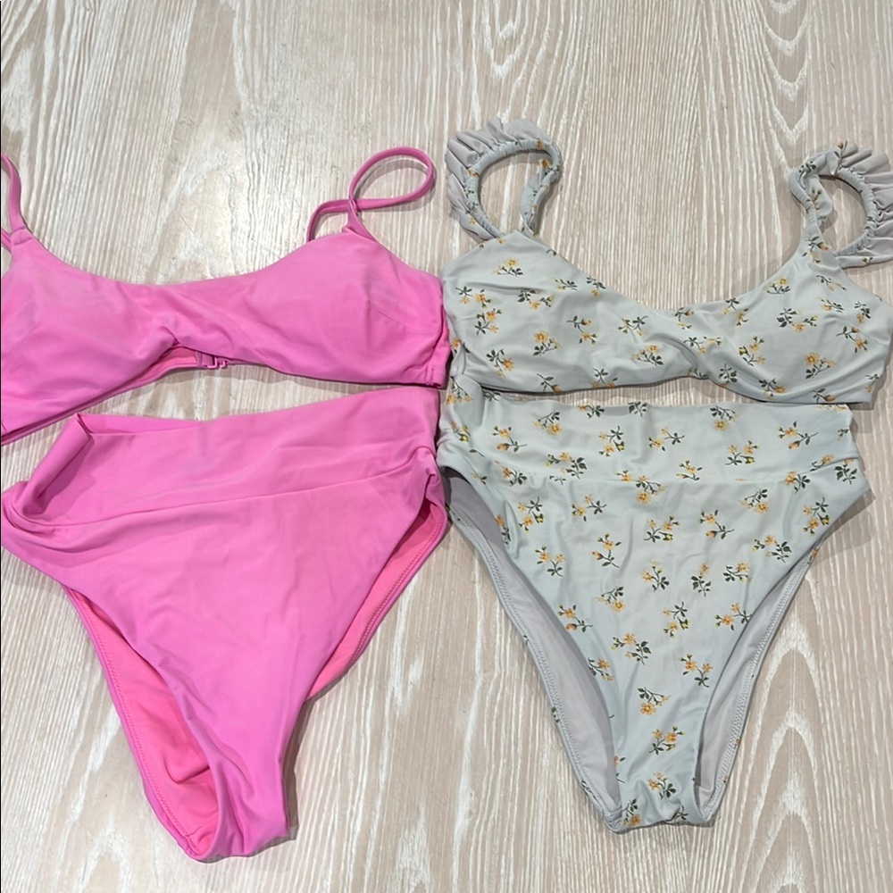 Aerie Pink and Floral Bikini Set high waisted sz M medium